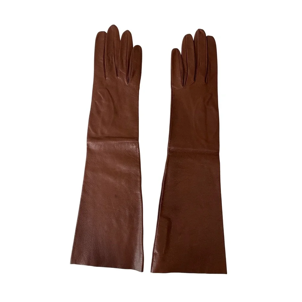 Vtg French Emile Perrin La Tour Leather Gloves Long Mid-Forearm Table Cut 6.5